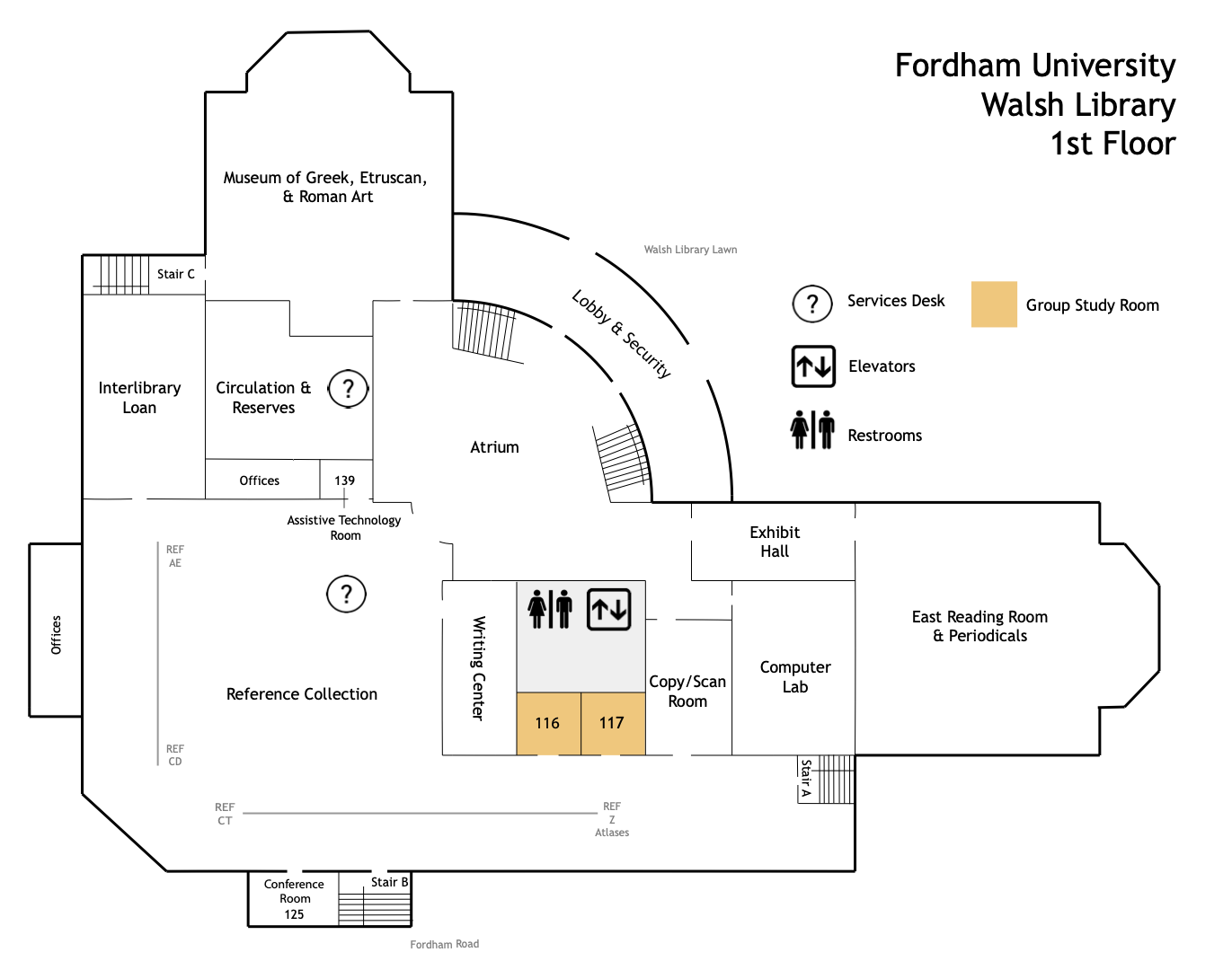 floor plan of Walsh Library, 1st floor, show 2 group study rooms 116 and 117 near the Writing Center
