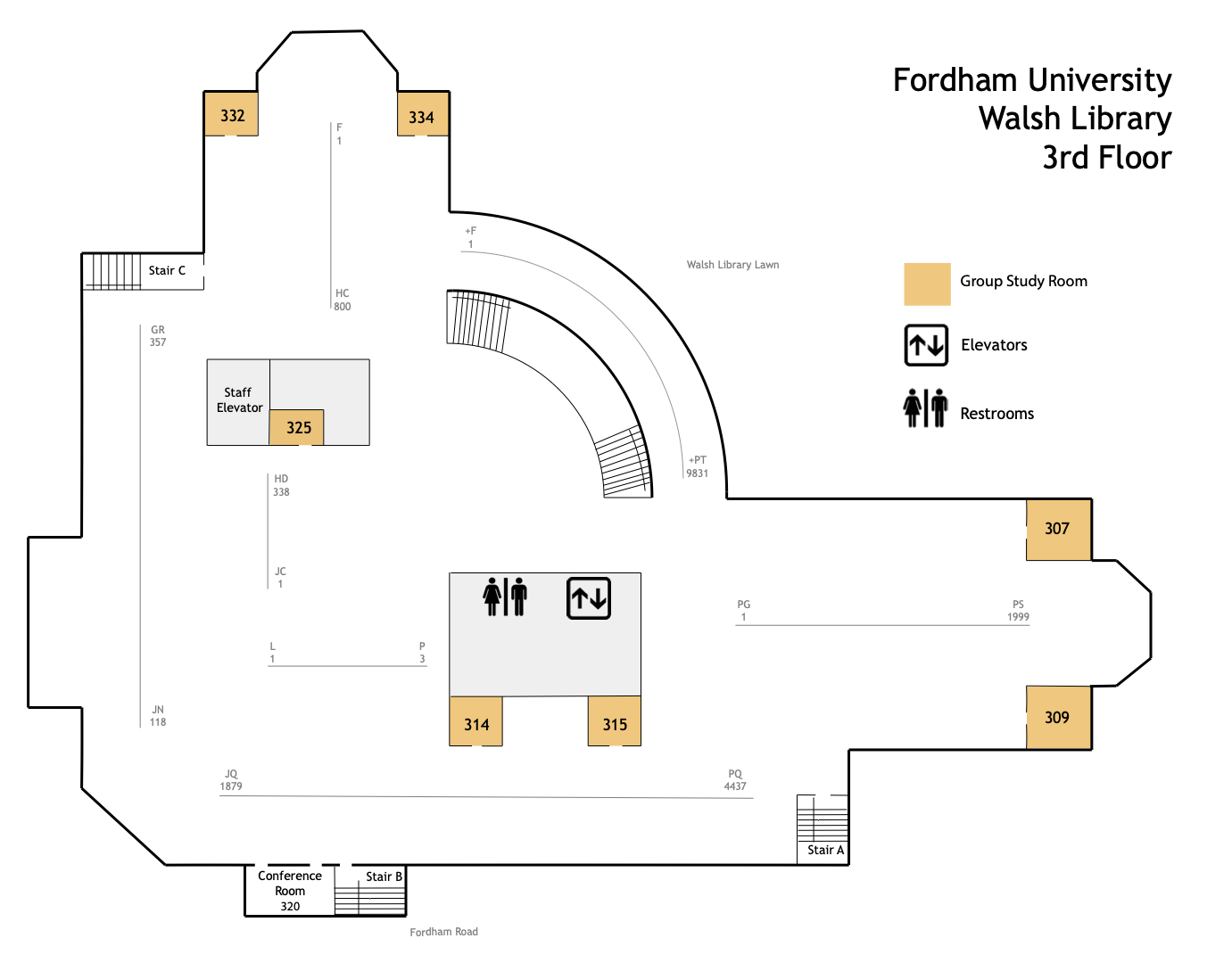 floor plan of Walsh Library, 3rd floor, showing 7 group study rooms 307, 309, 314, 315, 325, 332, and 334