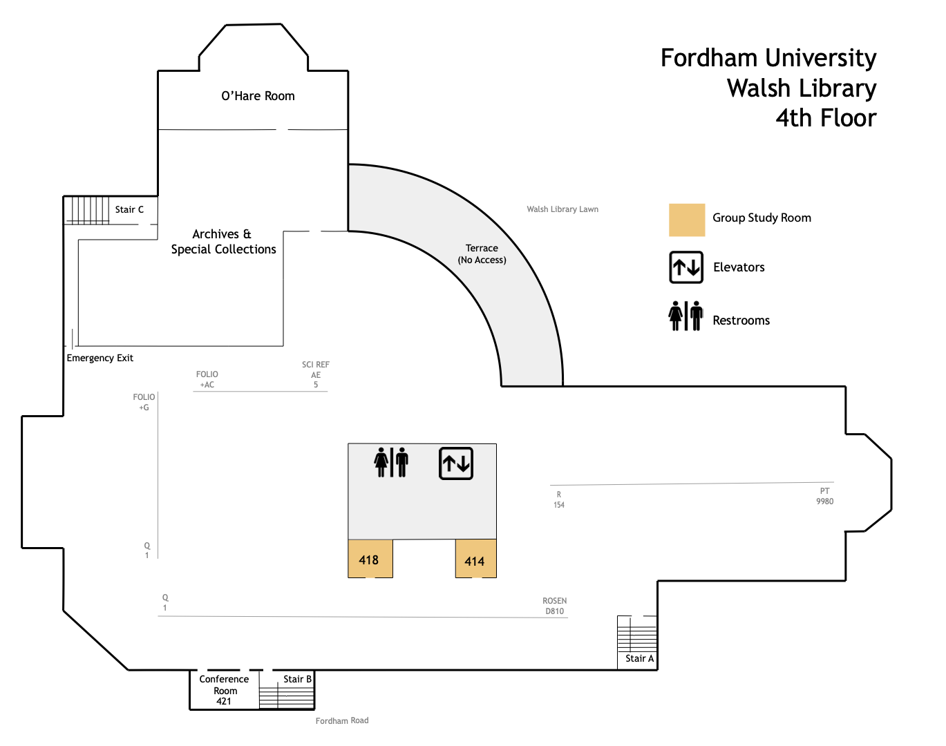 floor plan of Walsh Library, 4th floor, show 2 group study rooms 414 and 418
